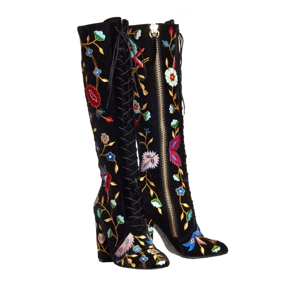 Alice + Olivia Vesey Embroidered Velvet Knee High Lace Up Boots 37 - Picture 4 of 10